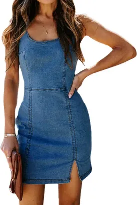Womens Denim Dress Sexy Sleeveless Split Bodycon Mini Tube Jeans Short Dresses