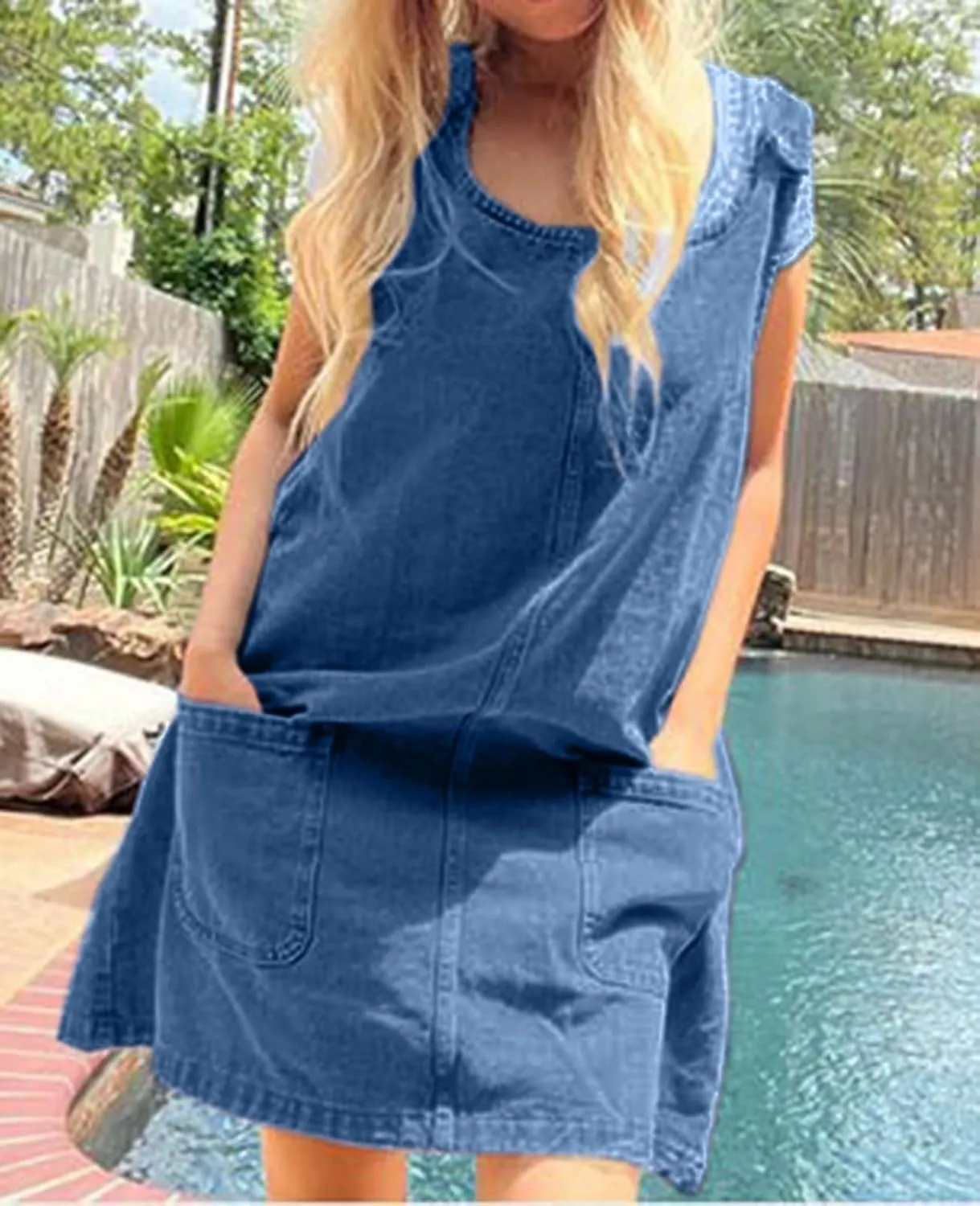 Women's Denim Dress Sleeveless Casual Crewneck Vintage Overall Dress Jean Mini Dresses with Pockets