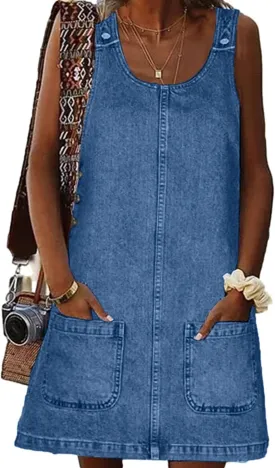 Women's Denim Dress Sleeveless Casual Crewneck Vintage Overall Dress Jean Mini Dresses with Pockets