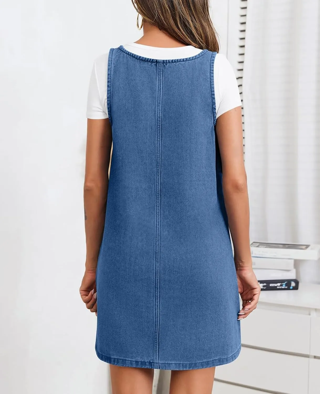 Women's Denim Dress Sleeveless Casual Crewneck Vintage Overall Dress Jean Mini Dresses with Pockets
