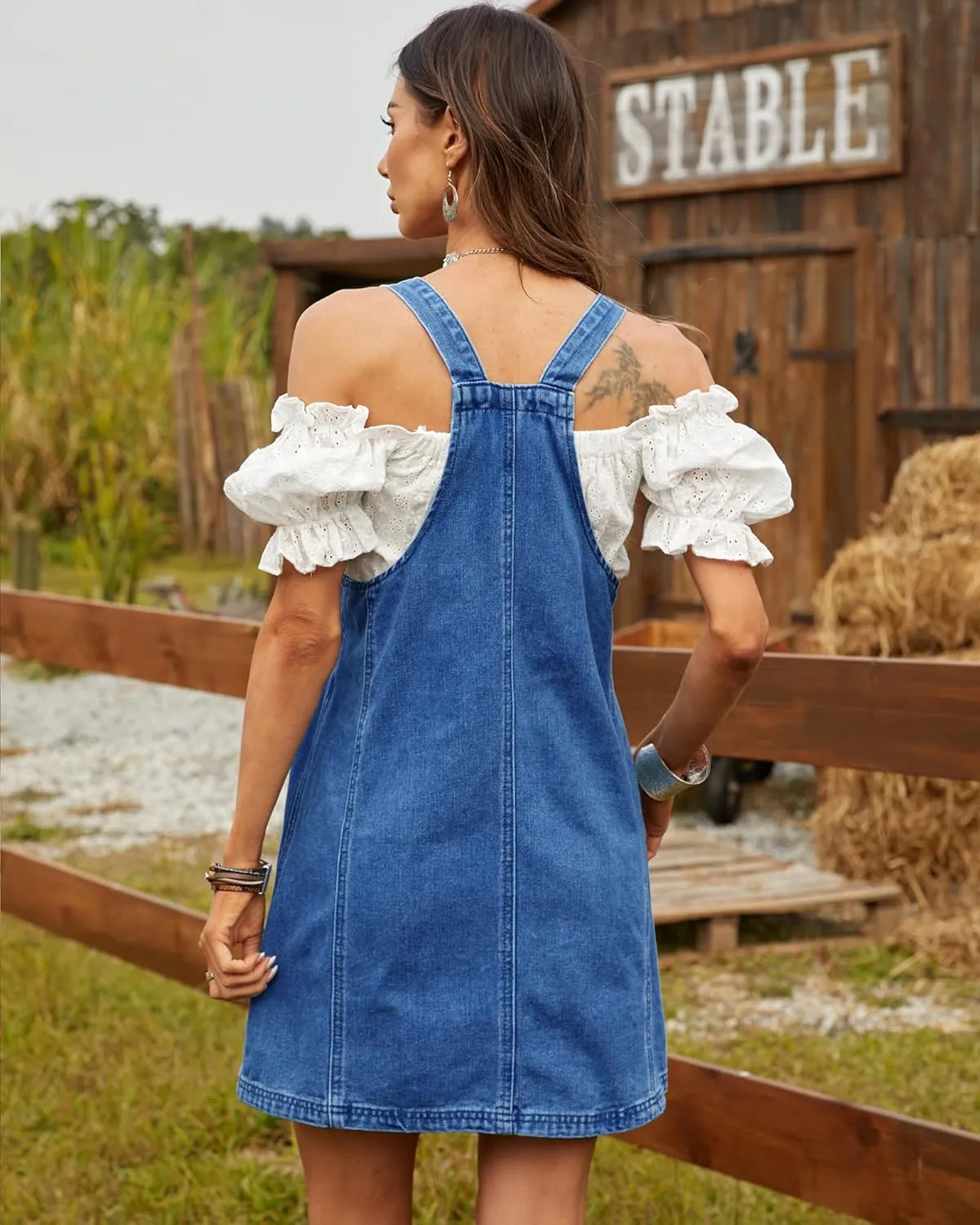Women's Denim Overall Dress Adjustable Strap Knee-Length Jean Jumper with Front Pockets Soft Breathable Loose Fit
