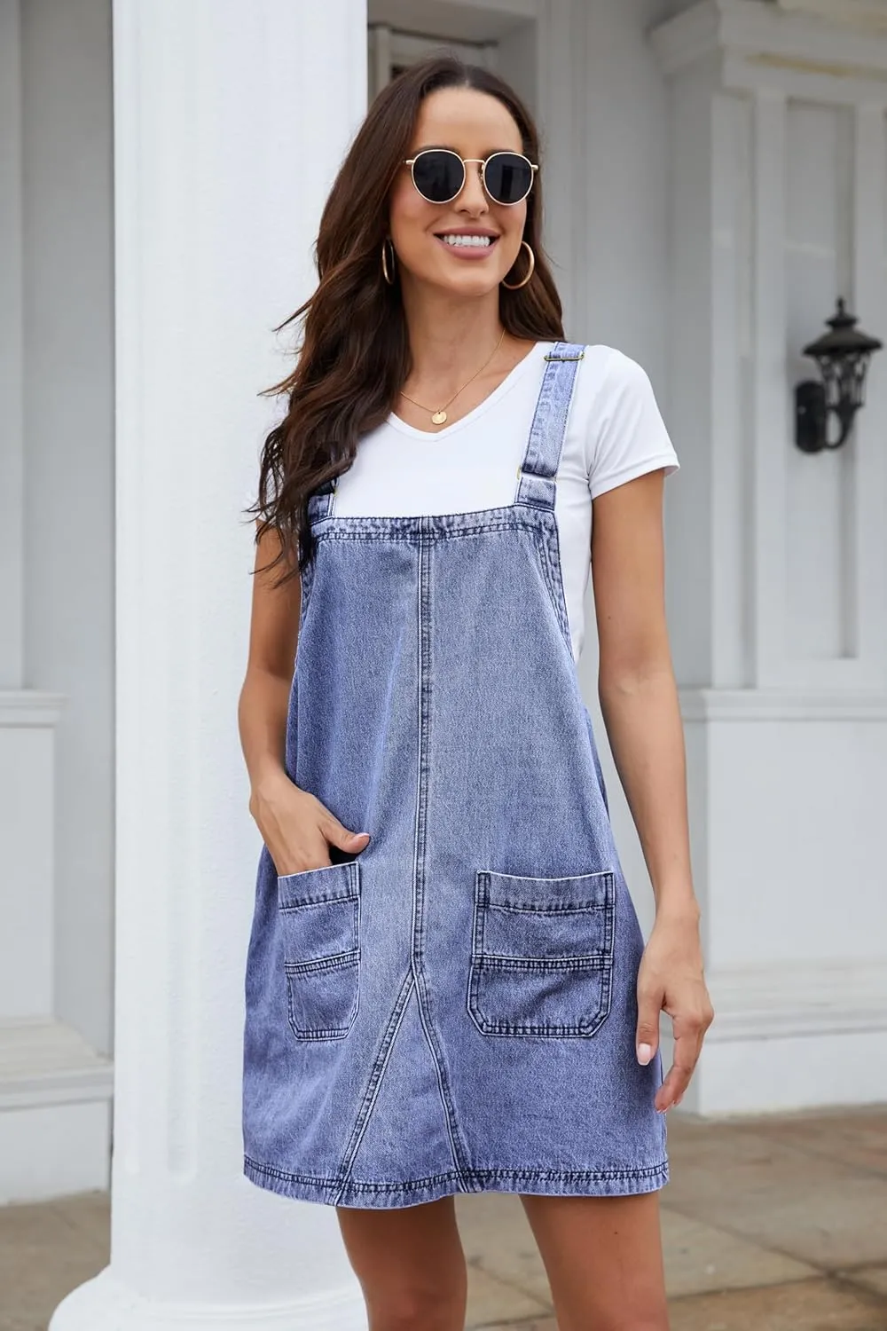 Womens Denim Overalls Dress Casual Summer Loose Bib Rompers Jumpers Adjustable Straps Jean Overall Dress