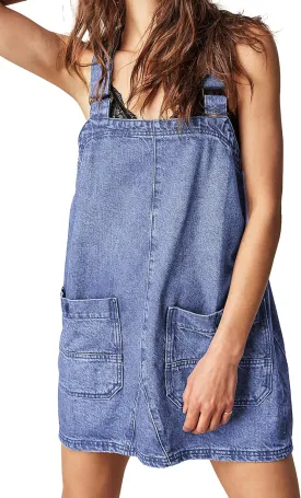 Womens Denim Overalls Dress Casual Summer Loose Bib Rompers Jumpers Adjustable Straps Jean Overall Dress