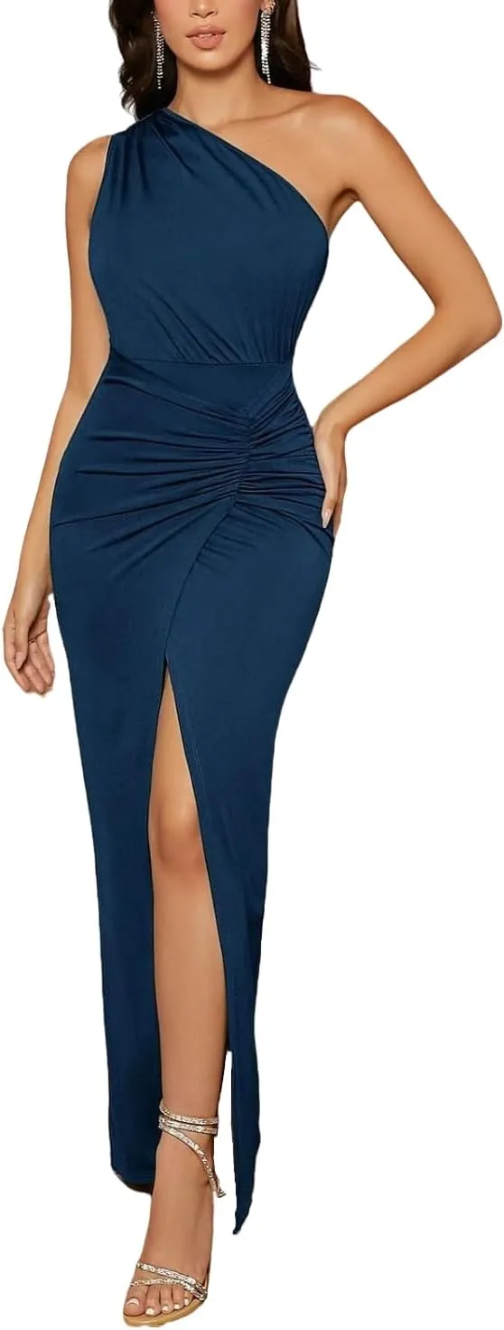 Women's Formal Dress Maxi One Shoulder Bodycon Dress Ruched Front Split Wedding Guest Gown