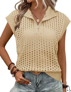 Womens Hollow Out Sweater Vest Summer Casual Quarter Zip Cap Sleeve Crochet Knit Tops