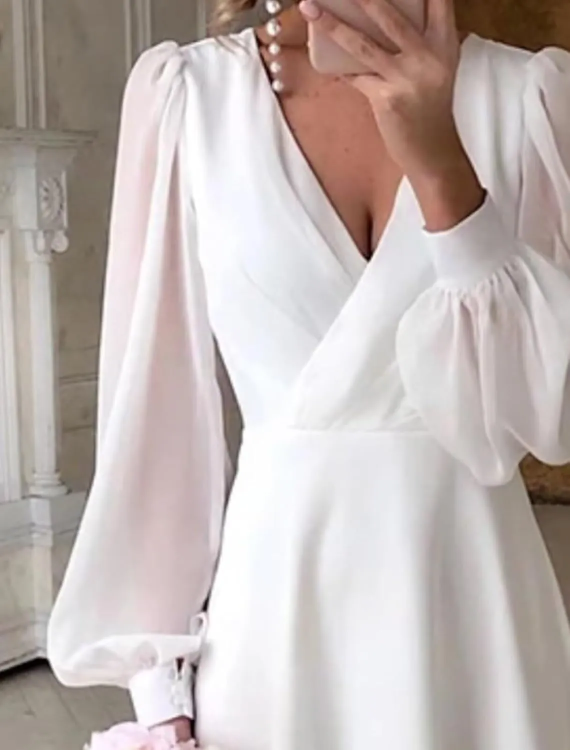 Womens Long Sleeves Tea Length Wedding Dresses for Bride Chiffon V Neck A Line Bridal Gown for Women