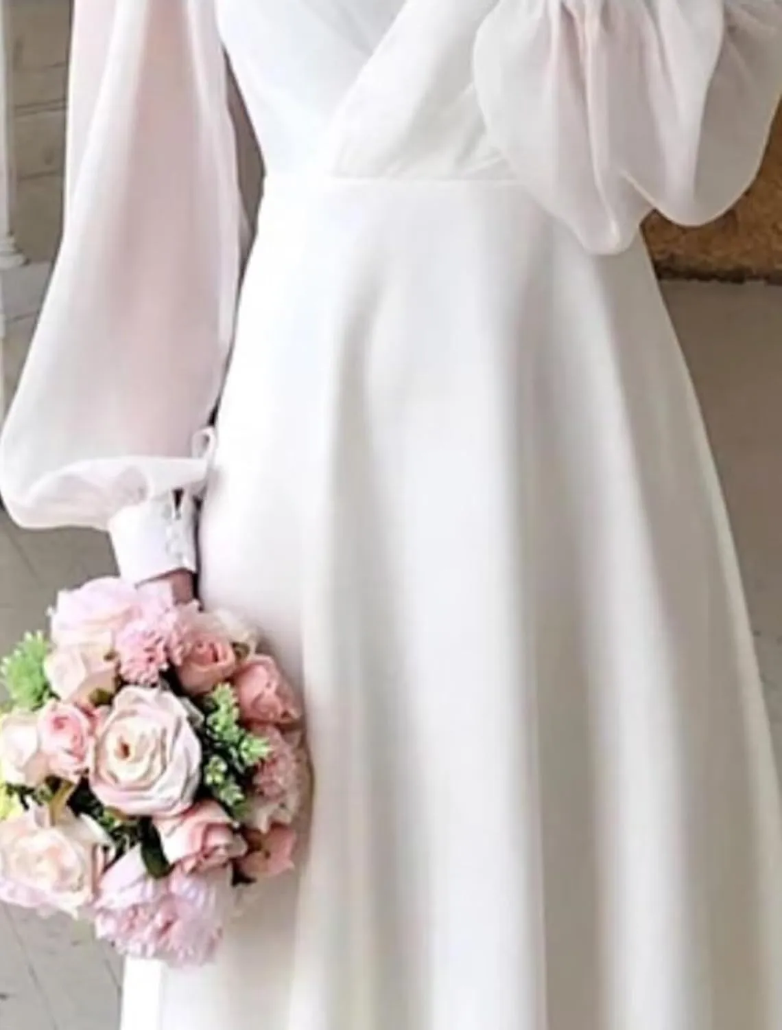 Womens Long Sleeves Tea Length Wedding Dresses for Bride Chiffon V Neck A Line Bridal Gown for Women