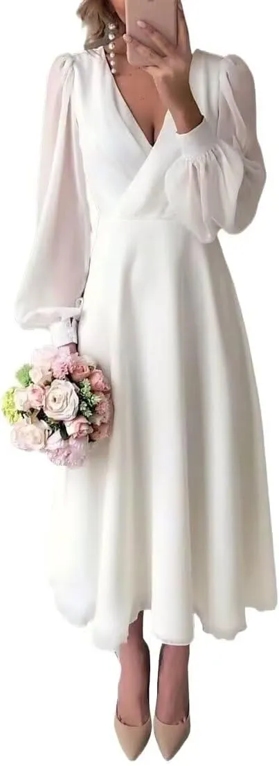 Womens Long Sleeves Tea Length Wedding Dresses for Bride Chiffon V Neck A Line Bridal Gown for Women