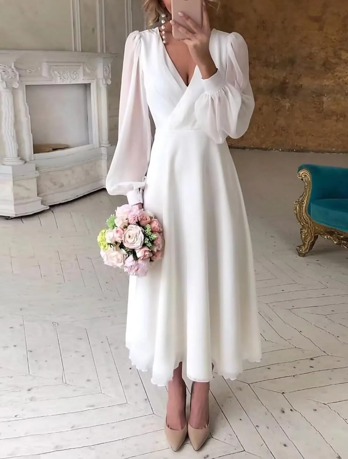 Womens Long Sleeves Tea Length Wedding Dresses for Bride Chiffon V Neck A Line Bridal Gown for Women