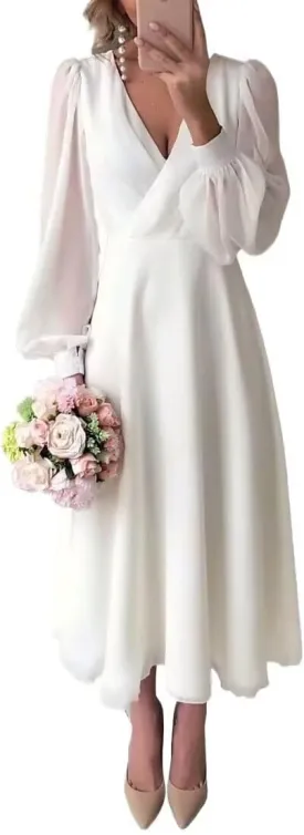 Womens Long Sleeves Tea Length Wedding Dresses for Bride Chiffon V Neck A Line Bridal Gown for Women
