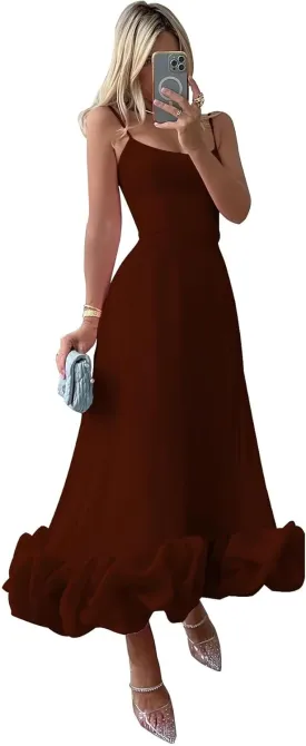 Women's Midi Prom Dresses Flounce Bustier Trim Ruffle Formal Wedding Party Dress Tea Length