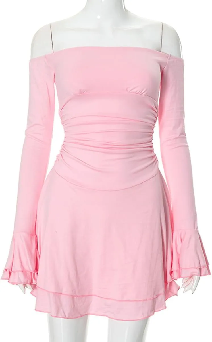 Women's Off Shoulder Long Sleeve Tube Dress Sexy Ruffle Y2K Tiered Flowy Bodycon Cocktail Party Formal Mini Dresses