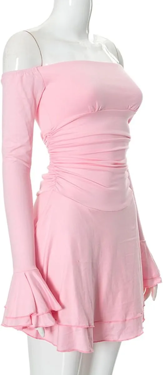 Women's Off Shoulder Long Sleeve Tube Dress Sexy Ruffle Y2K Tiered Flowy Bodycon Cocktail Party Formal Mini Dresses