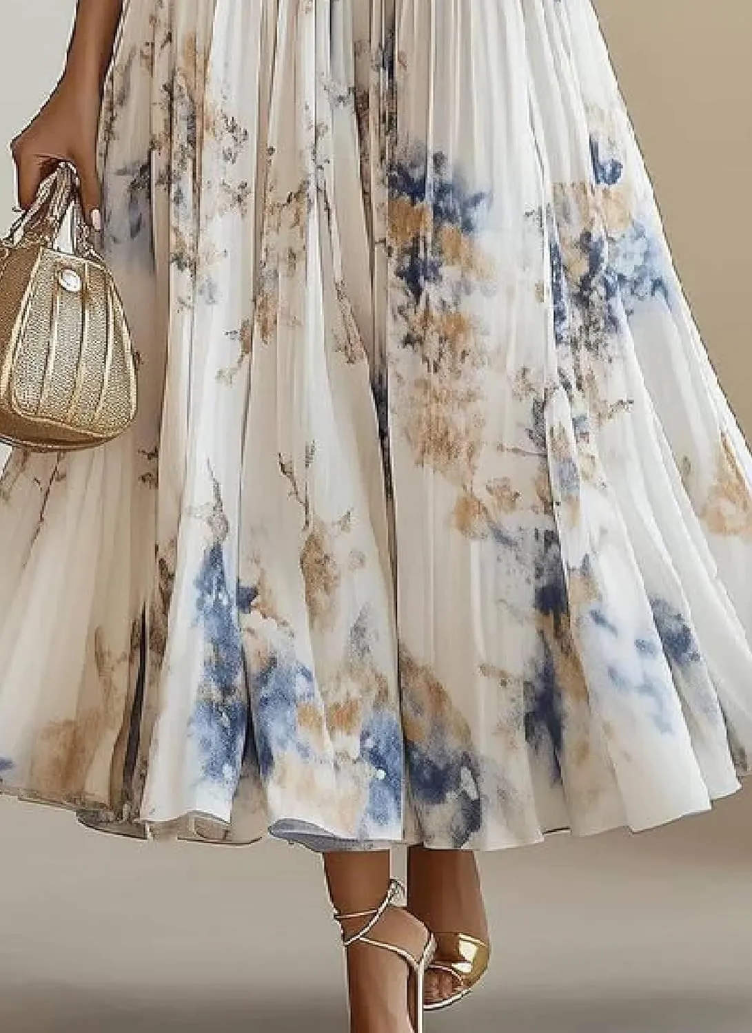 Women's Pleated V Neck Maxi Dress Boho Chiffon Floral Printed Sleeveless Ruffled Hem Long Party Dresses with Pocket
