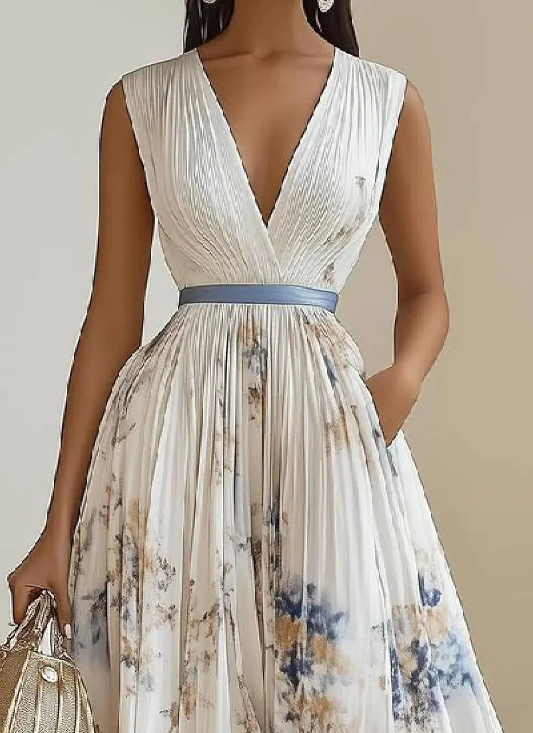 Women's Pleated V Neck Maxi Dress Boho Chiffon Floral Printed Sleeveless Ruffled Hem Long Party Dresses with Pocket