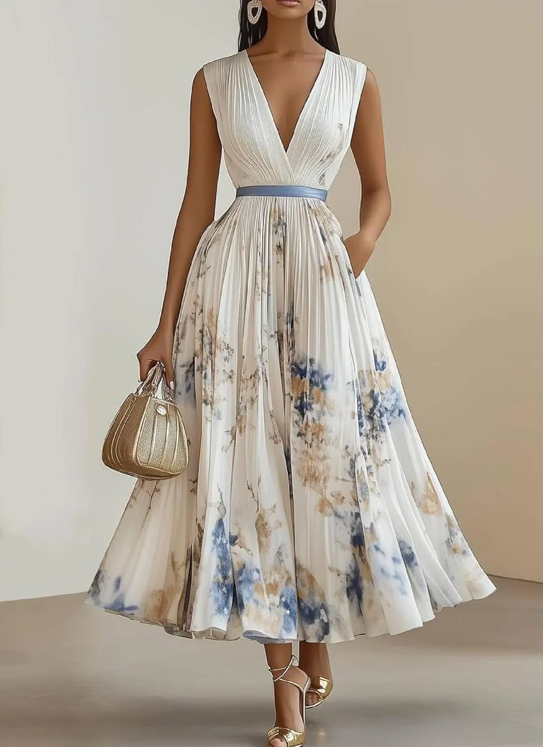 Women's Pleated V Neck Maxi Dress Boho Chiffon Floral Printed Sleeveless Ruffled Hem Long Party Dresses with Pocket