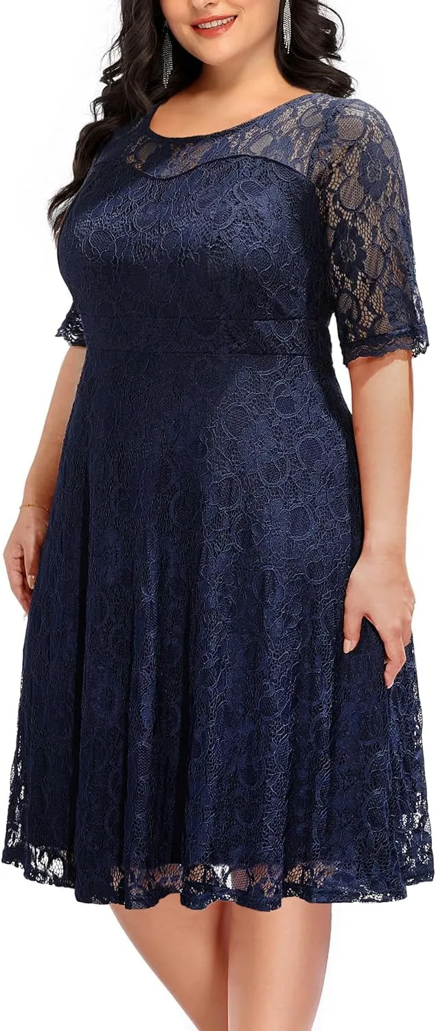 Women's Plus Size Wedding Guest Bridal Shower Semi Formal Cocktail Party Lace V Neck Midi Dress