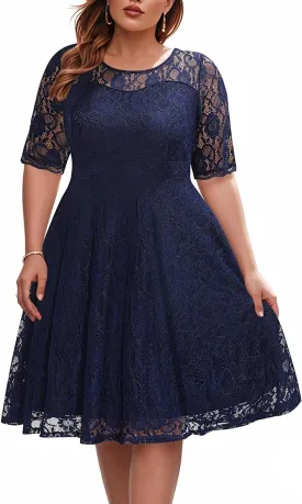 Women's Plus Size Wedding Guest Bridal Shower Semi Formal Cocktail Party Lace V Neck Midi Dress