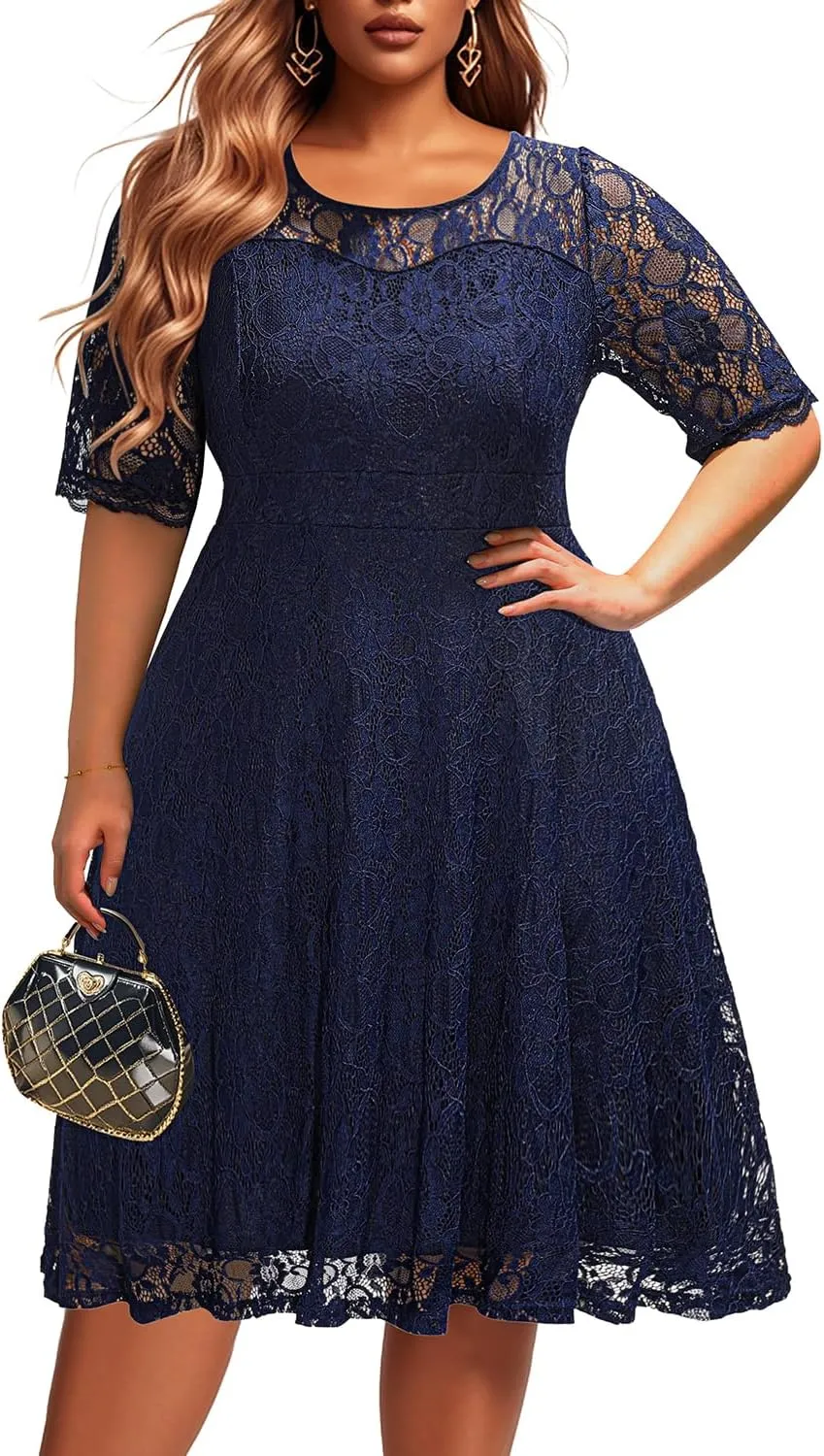 Women's Plus Size Wedding Guest Bridal Shower Semi Formal Cocktail Party Lace V Neck Midi Dress