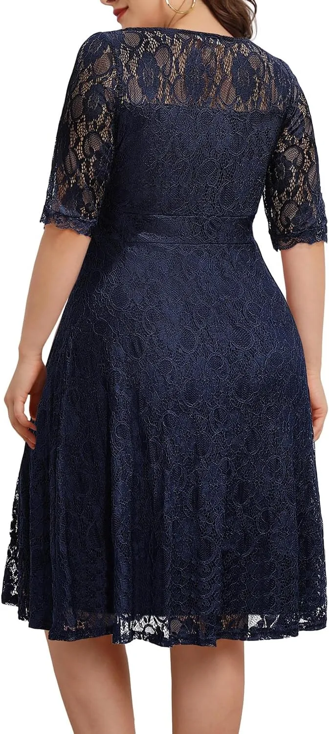 Women's Plus Size Wedding Guest Bridal Shower Semi Formal Cocktail Party Lace V Neck Midi Dress