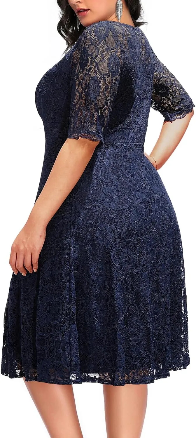 Women's Plus Size Wedding Guest Bridal Shower Semi Formal Cocktail Party Lace V Neck Midi Dress