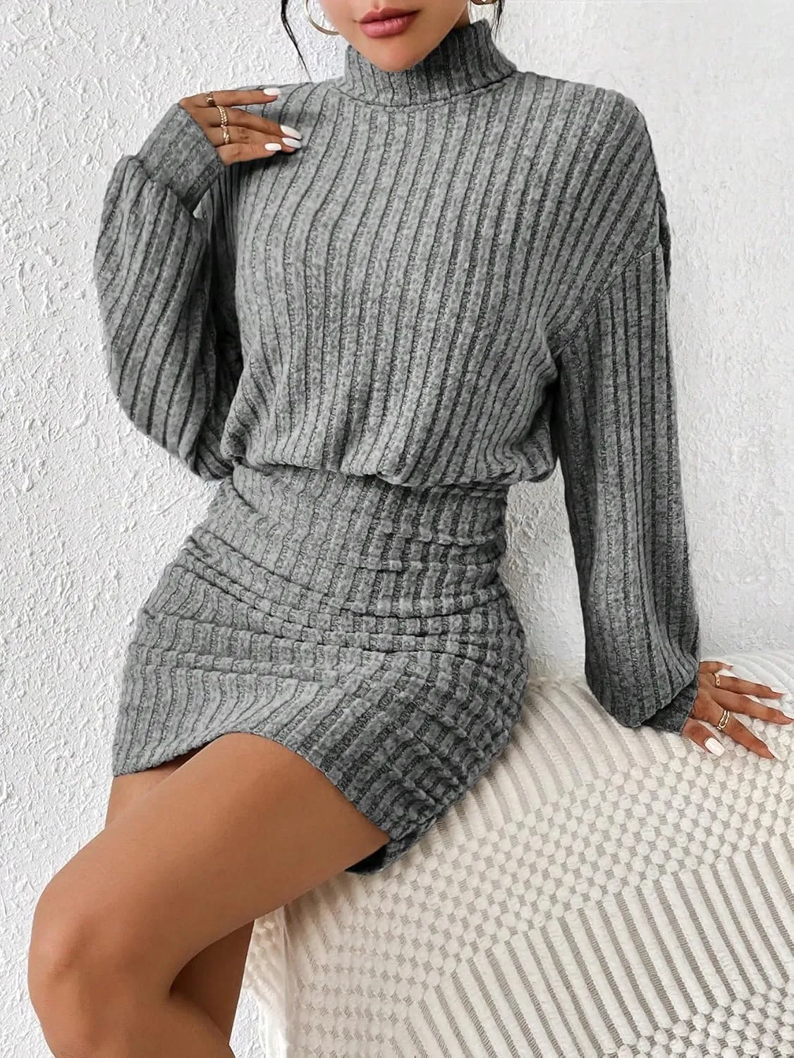Women's Pullover Sweater Dress Long Lantern Sleeve Turtle Neck Cute Ribbed Knit Bodycon Mini Short Dress 2024 Fall