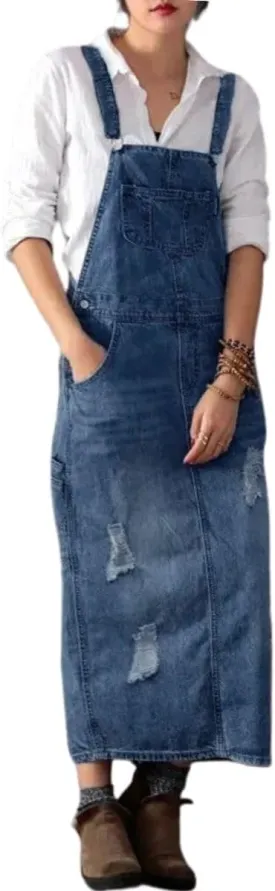 Womens Ripped Jean Overall Dress Summer Adjustable Straps Bib Split Distressed Denim Long Dress with Pockets