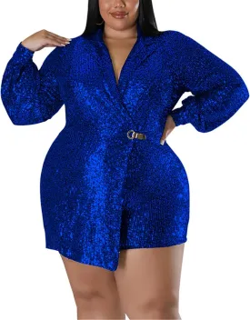 Women's Sexy Long Sleeve Lapel V Neck Sequins Bodycon Shorts Cocktail Party Plus Size Oversize Blazer Rompers Jumpsuit