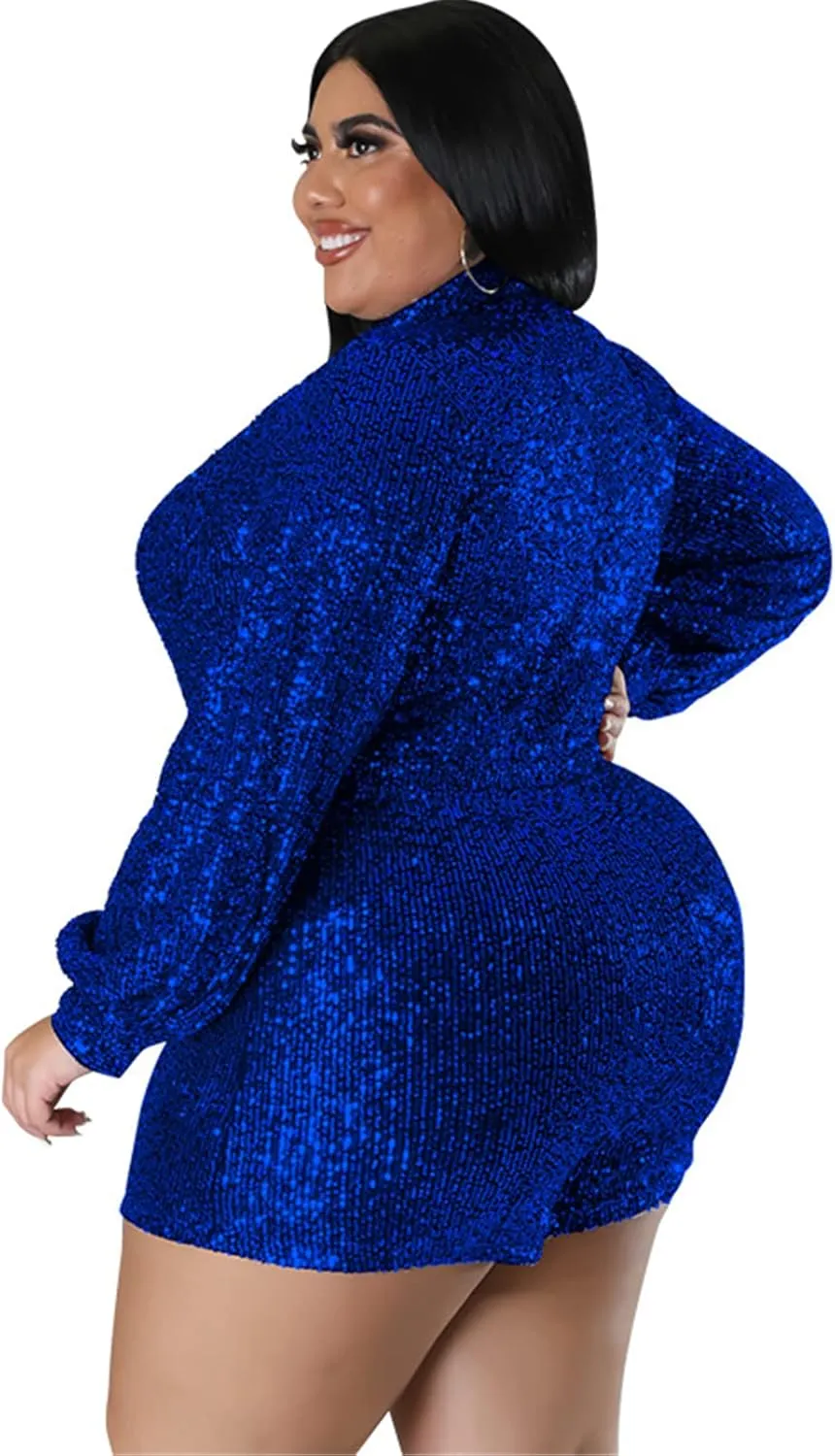 Women's Sexy Long Sleeve Lapel V Neck Sequins Bodycon Shorts Cocktail Party Plus Size Oversize Blazer Rompers Jumpsuit