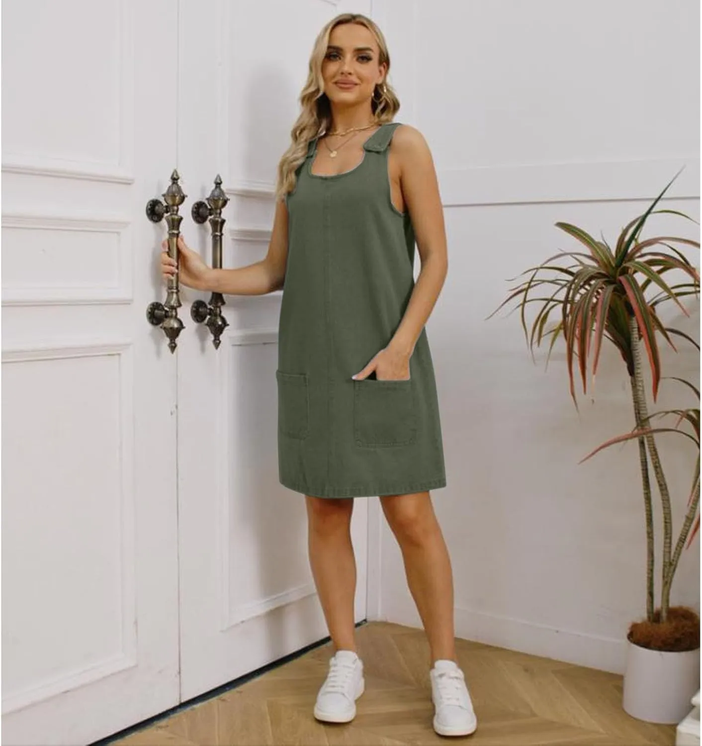 Women's Sleeveless Casual Vintage Denim Dress Crewneck Denim Overall Mini Dress with Pockets