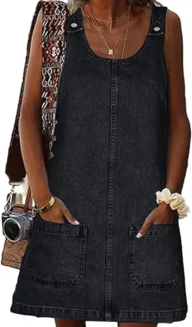 Women's Sleeveless Casual Vintage Denim Dress Crewneck Denim Overall Mini Dress with Pockets