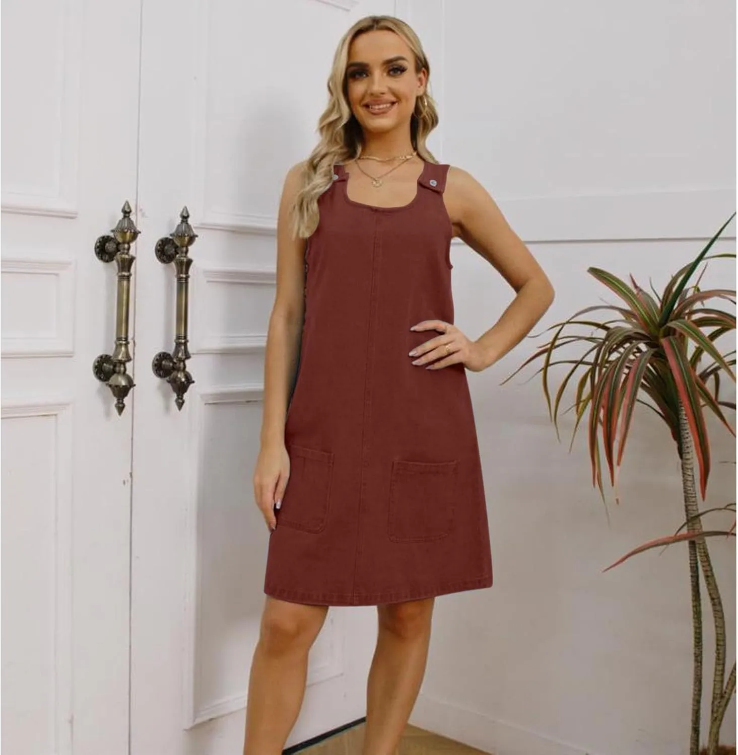 Women's Sleeveless Casual Vintage Denim Dress Crewneck Denim Overall Mini Dress with Pockets