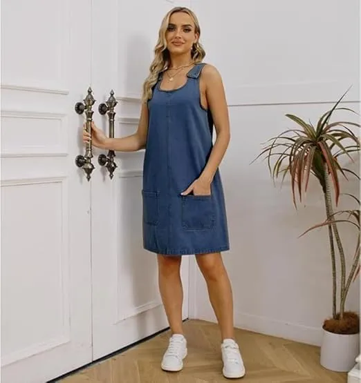 Women's Sleeveless Casual Vintage Denim Dress Crewneck Denim Overall Mini Dress with Pockets