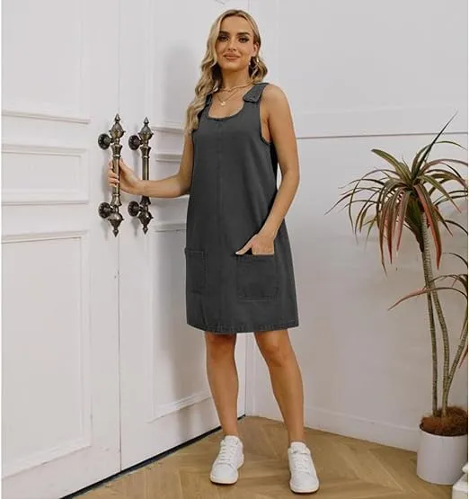 Women's Sleeveless Casual Vintage Denim Dress Crewneck Denim Overall Mini Dress with Pockets