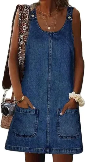Women's Sleeveless Casual Vintage Denim Dress Crewneck Denim Overall Mini Dress with Pockets