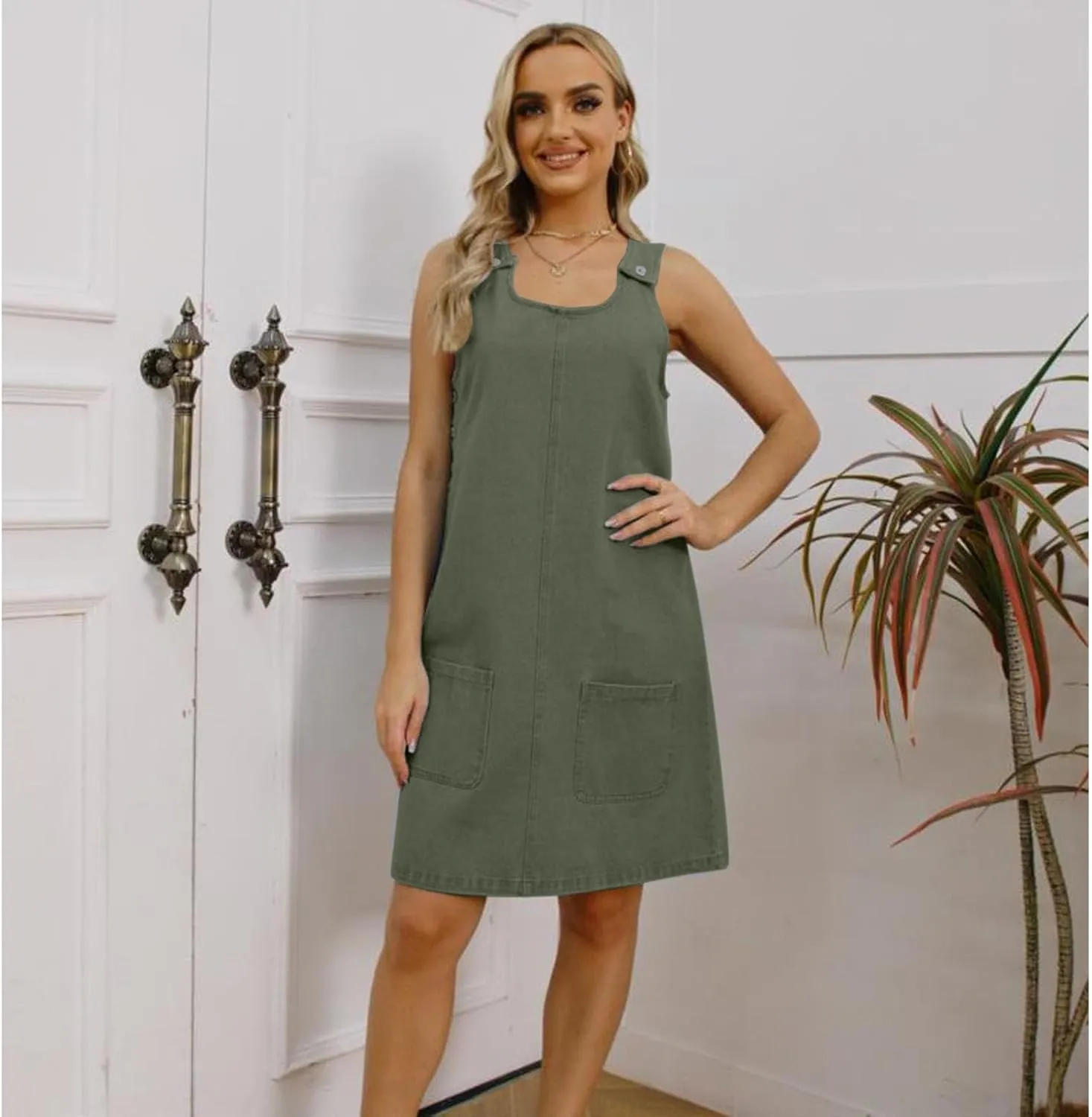 Women's Sleeveless Casual Vintage Denim Dress Crewneck Denim Overall Mini Dress with Pockets