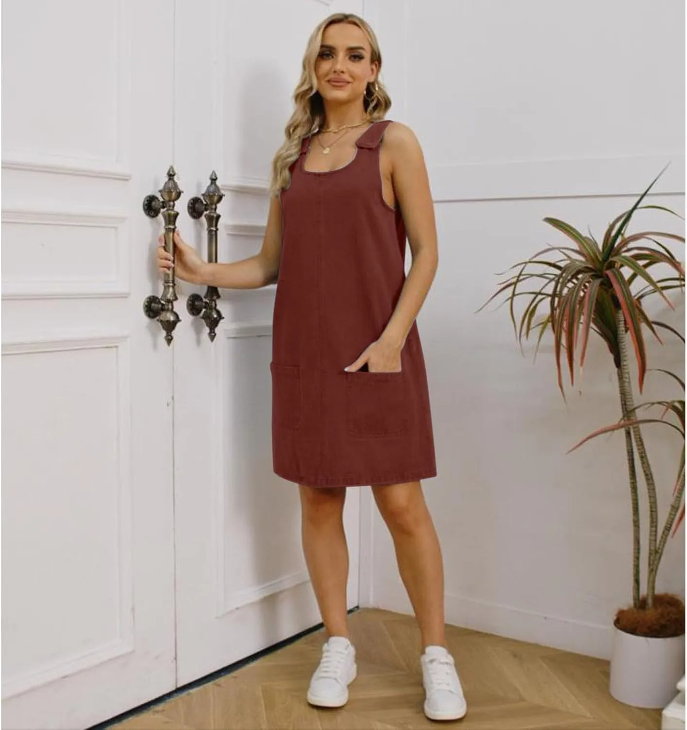 Women's Sleeveless Casual Vintage Denim Dress Crewneck Denim Overall Mini Dress with Pockets