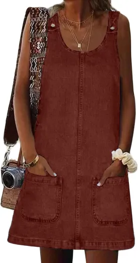Women's Sleeveless Casual Vintage Denim Dress Crewneck Denim Overall Mini Dress with Pockets