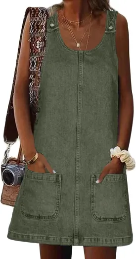 Women's Sleeveless Casual Vintage Denim Dress Crewneck Denim Overall Mini Dress with Pockets