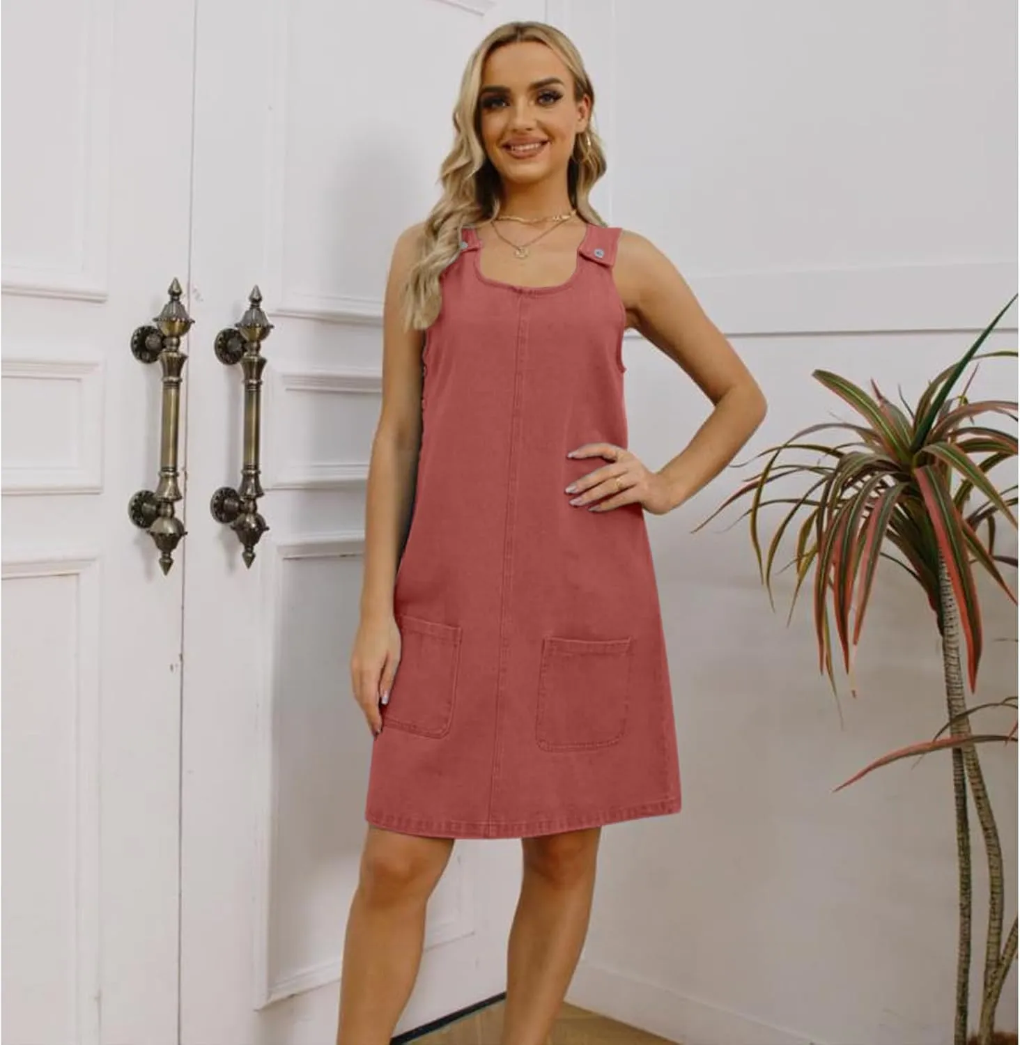 Women's Sleeveless Casual Vintage Denim Dress Crewneck Denim Overall Mini Dress with Pockets