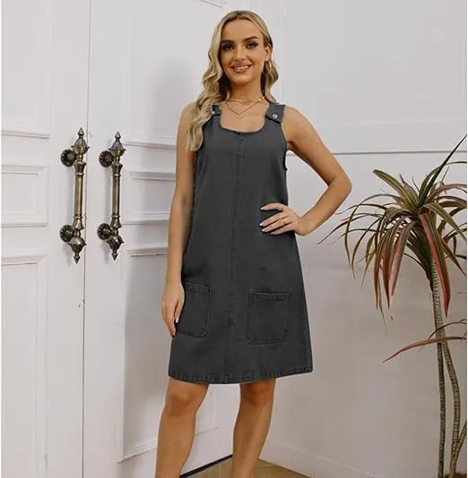 Women's Sleeveless Casual Vintage Denim Dress Crewneck Denim Overall Mini Dress with Pockets