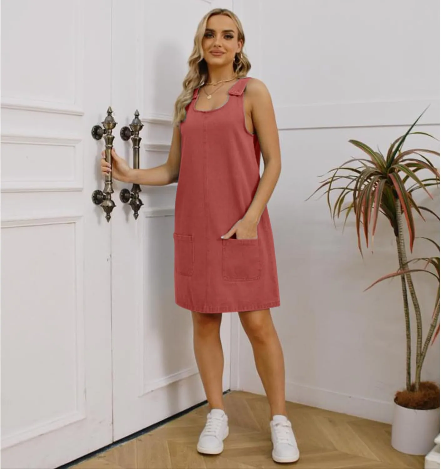 Women's Sleeveless Casual Vintage Denim Dress Crewneck Denim Overall Mini Dress with Pockets