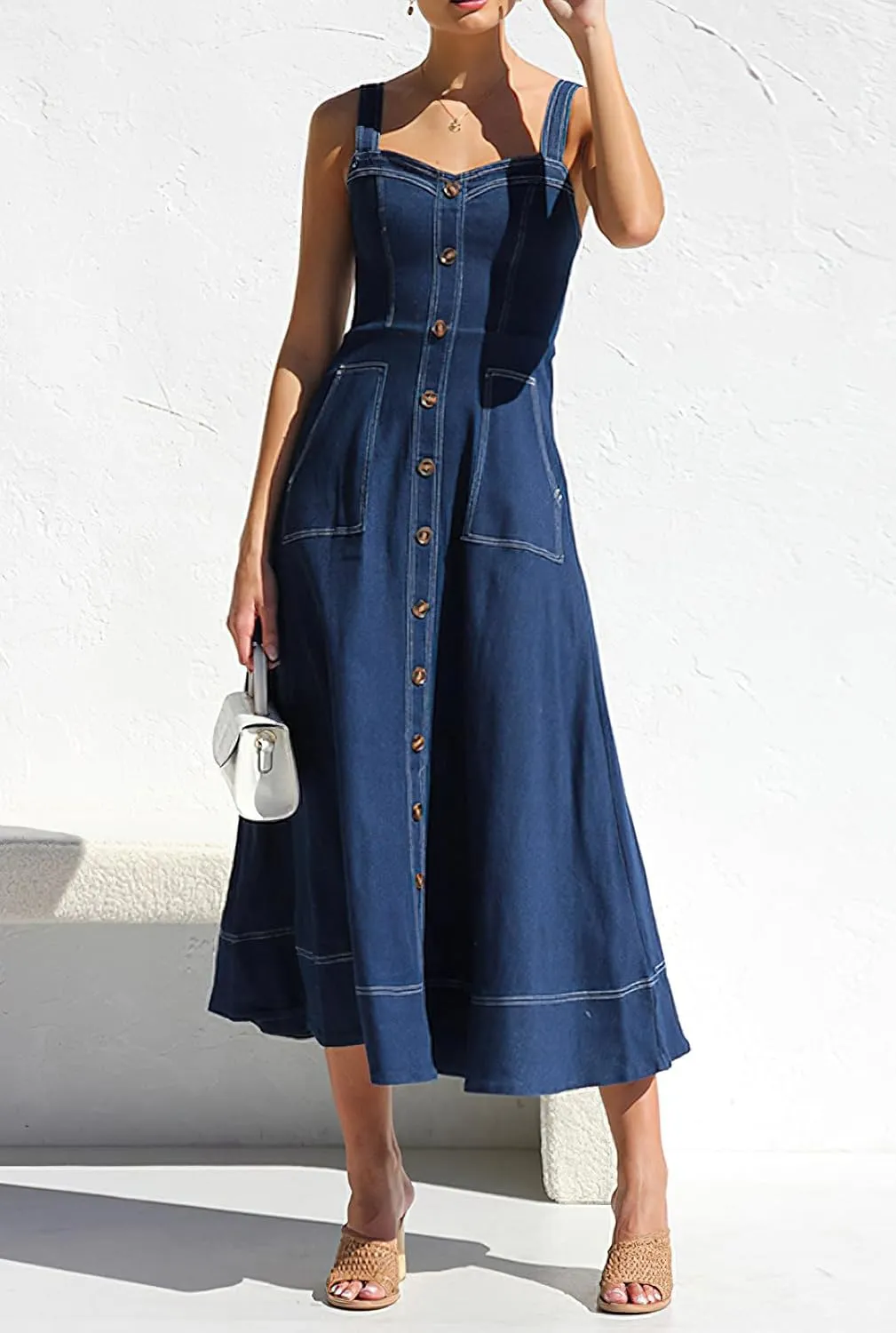 Women's Summer Adjustable Strap Midi Long Denim Dress Button Down A-Line Swing Flowy Jean Dress