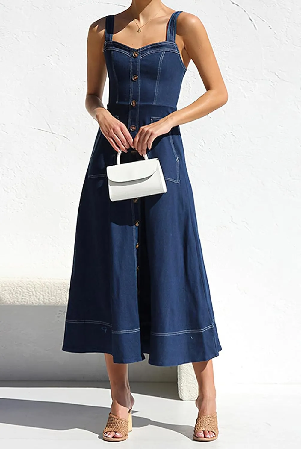 Women's Summer Adjustable Strap Midi Long Denim Dress Button Down A-Line Swing Flowy Jean Dress