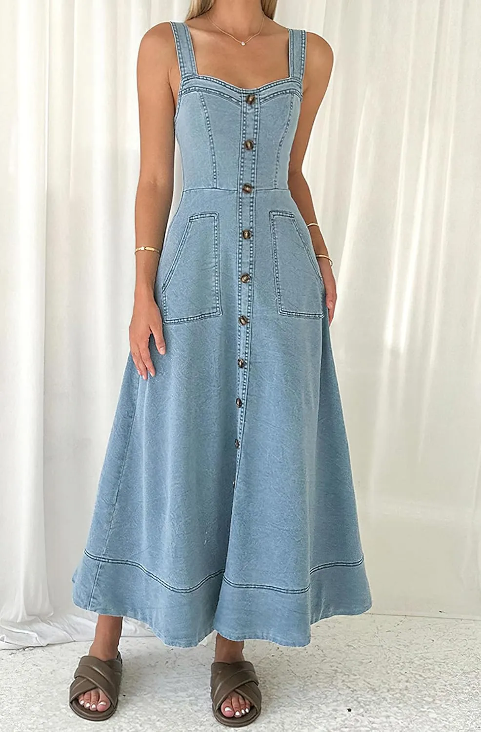 Women's Summer Adjustable Strap Midi Long Denim Dress Button Down A-Line Swing Flowy Jean Dress