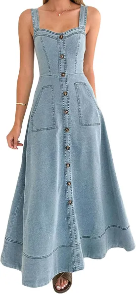 Women's Summer Adjustable Strap Midi Long Denim Dress Button Down A-Line Swing Flowy Jean Dress