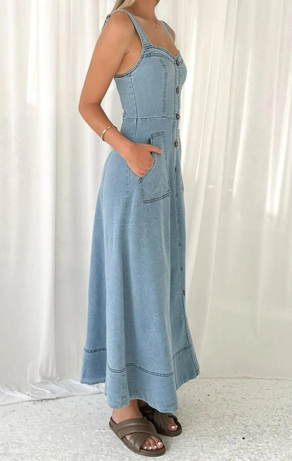 Women's Summer Adjustable Strap Midi Long Denim Dress Button Down A-Line Swing Flowy Jean Dress