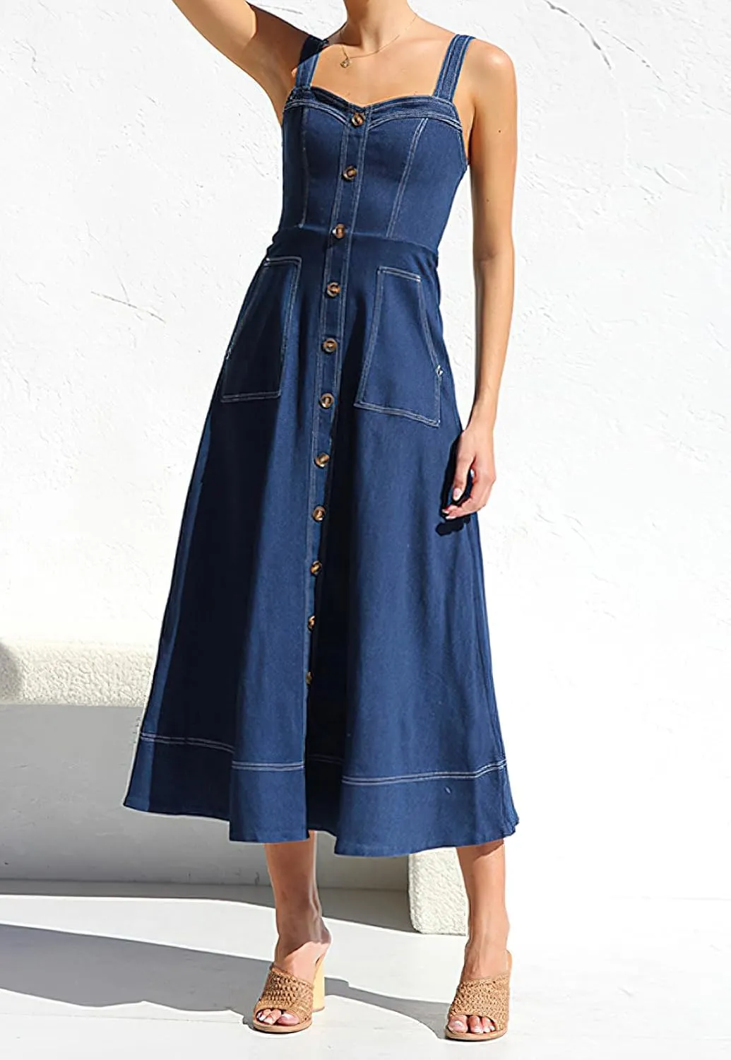 Women's Summer Adjustable Strap Midi Long Denim Dress Button Down A-Line Swing Flowy Jean Dress