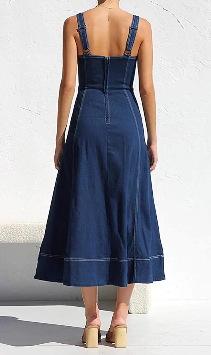 Women's Summer Adjustable Strap Midi Long Denim Dress Button Down A-Line Swing Flowy Jean Dress