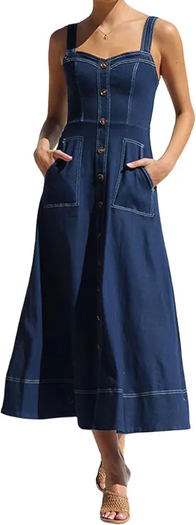 Women's Summer Adjustable Strap Midi Long Denim Dress Button Down A-Line Swing Flowy Jean Dress
